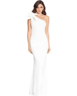 XSCAPE Long Scuba Ruched One-Shoulder Flower