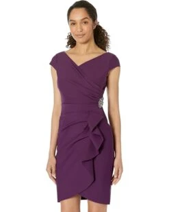 Alex Evenings Short Sheath Dress With Surplice Neckline And Cascade Skirt Detail