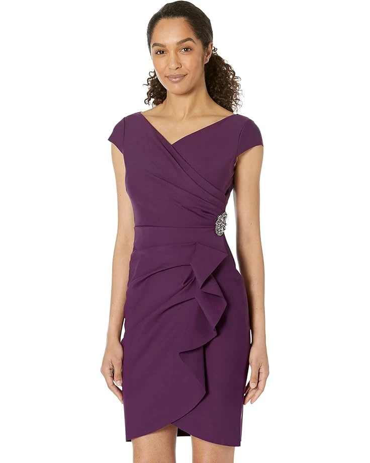 Alex Evenings Short Sheath Dress With Surplice Neckline And Cascade Skirt Detail 1 Alex Evenings Short Sheath Dress With Surplice Neckline And Cascade Skirt Detail