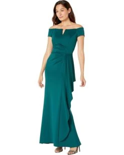XSCAPE Long Scuba Off-the-Shoulder Dress With Side Ruffle