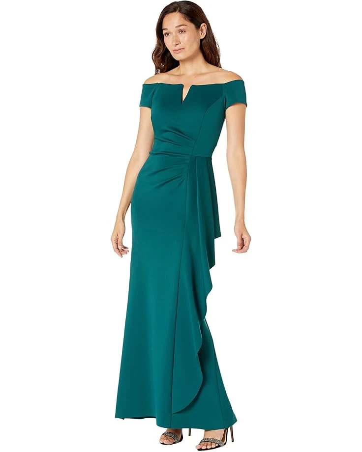 XSCAPE Long Scuba Off-the-Shoulder Dress With Side Ruffle 1 XSCAPE Long Scuba Off-the-Shoulder Dress With Side Ruffle