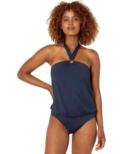 MICHAEL Michael Kors Iconic Solids Logo Ring Trim Halter Blouson One-Piece With Hidden U Wire