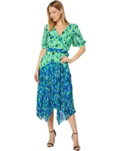 Maggy London Short Puff Sleeve With Belt At Waist And Pleated High-Low Skirt