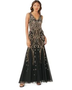 Adrianna Papell V-Neck Fully Beaded Long Gown