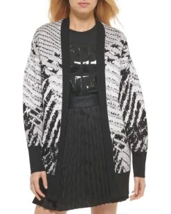 DKNY Long Sleeve Open Front Plaid Jacquard Lurex Cardigan